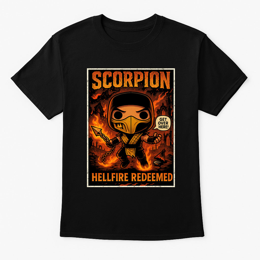 Mortal Kombat Scorpion “Get Over Here!” Unisex T-Shirt – Hellfire Ninja Fighting Game Tee