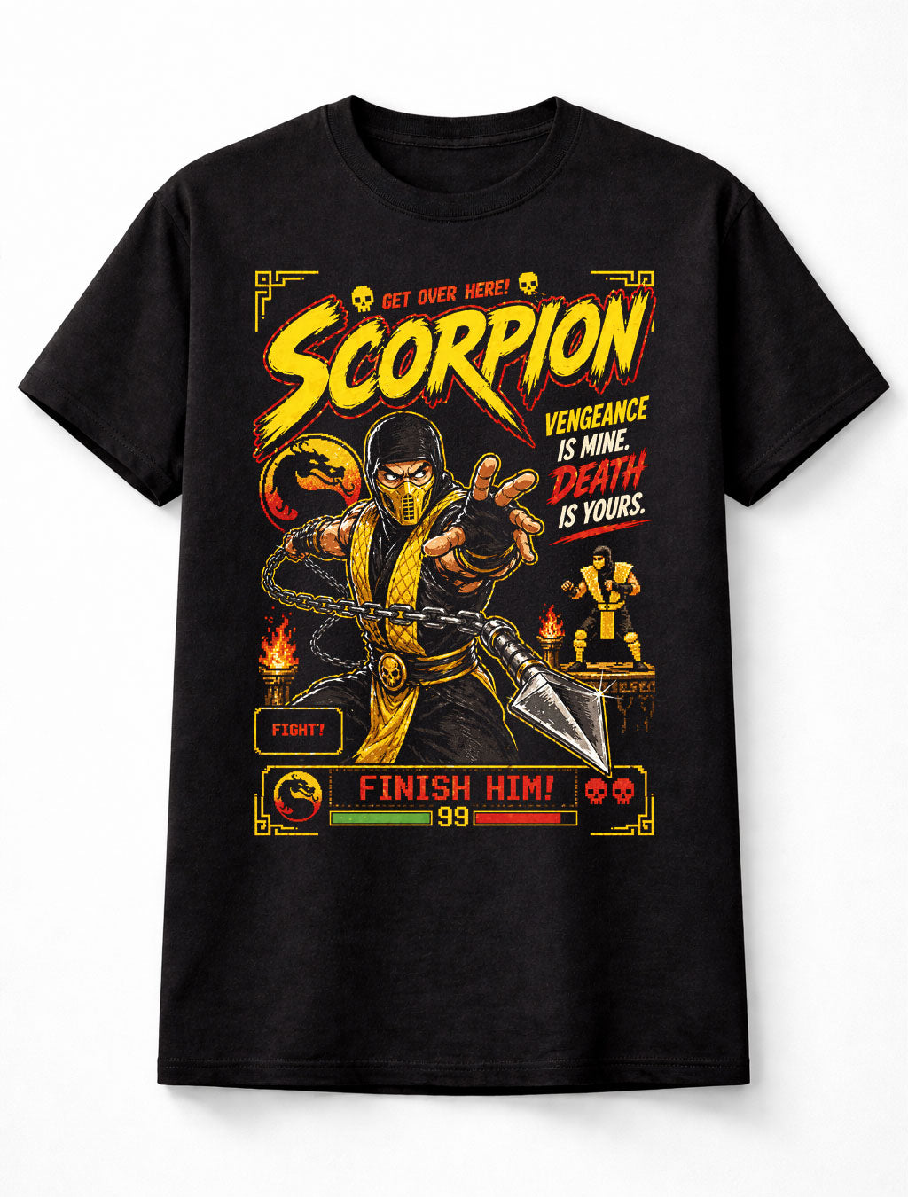 Scorpion Mortal Kombat T-Shirt Get Over Here Graphic Tee Retro Arcade Fighting Game Character Shirt Ninja Warrior Spear Fatality Gamer Adults & Kids Unisex T-Shirt