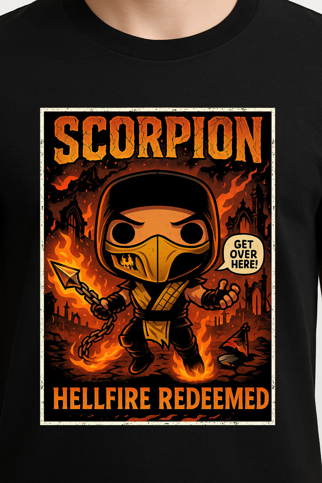 Mortal Kombat Scorpion “Get Over Here!” Unisex T-Shirt – Hellfire Ninja Fighting Game Tee