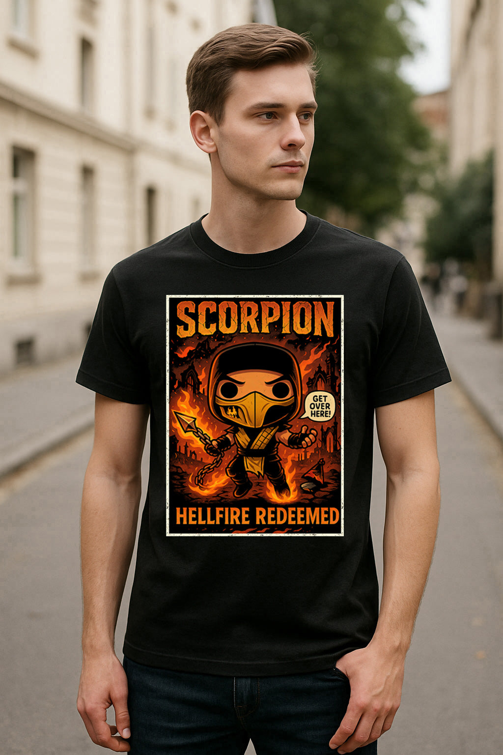 Mortal Kombat Scorpion “Get Over Here!” Unisex T-Shirt – Hellfire Ninja Fighting Game Tee