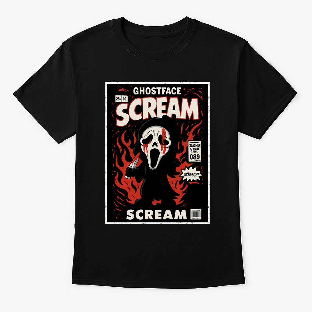 Scream “Slasher Special” Ghostface Graphic Tee – Retro Horror Comic T-Shirt for Scary Movie Fans
