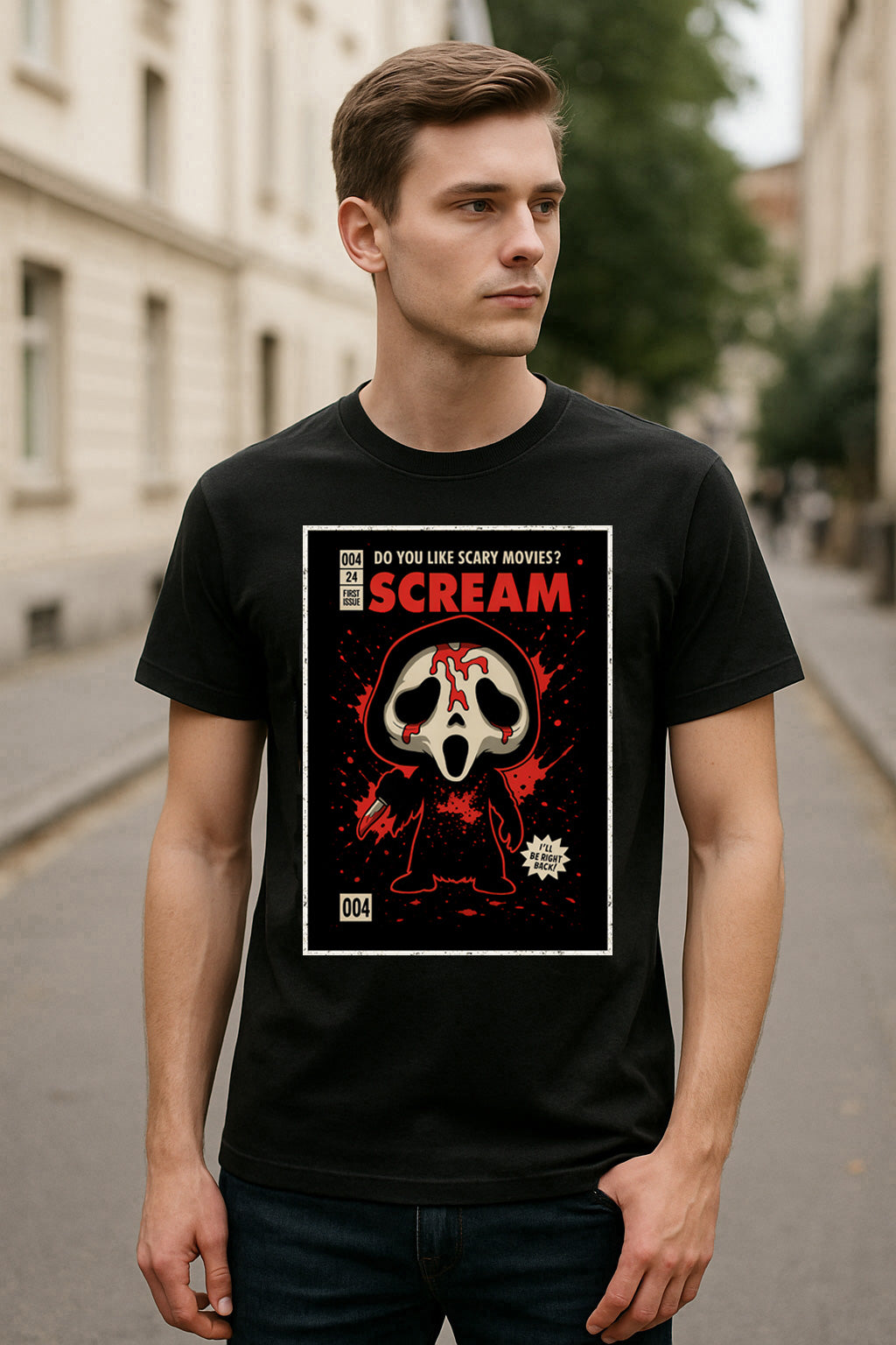 Scream “Do You Like Scary Movies?” Graphic Tee – Retro Ghostface Slasher T-Shirt for Horror Fans