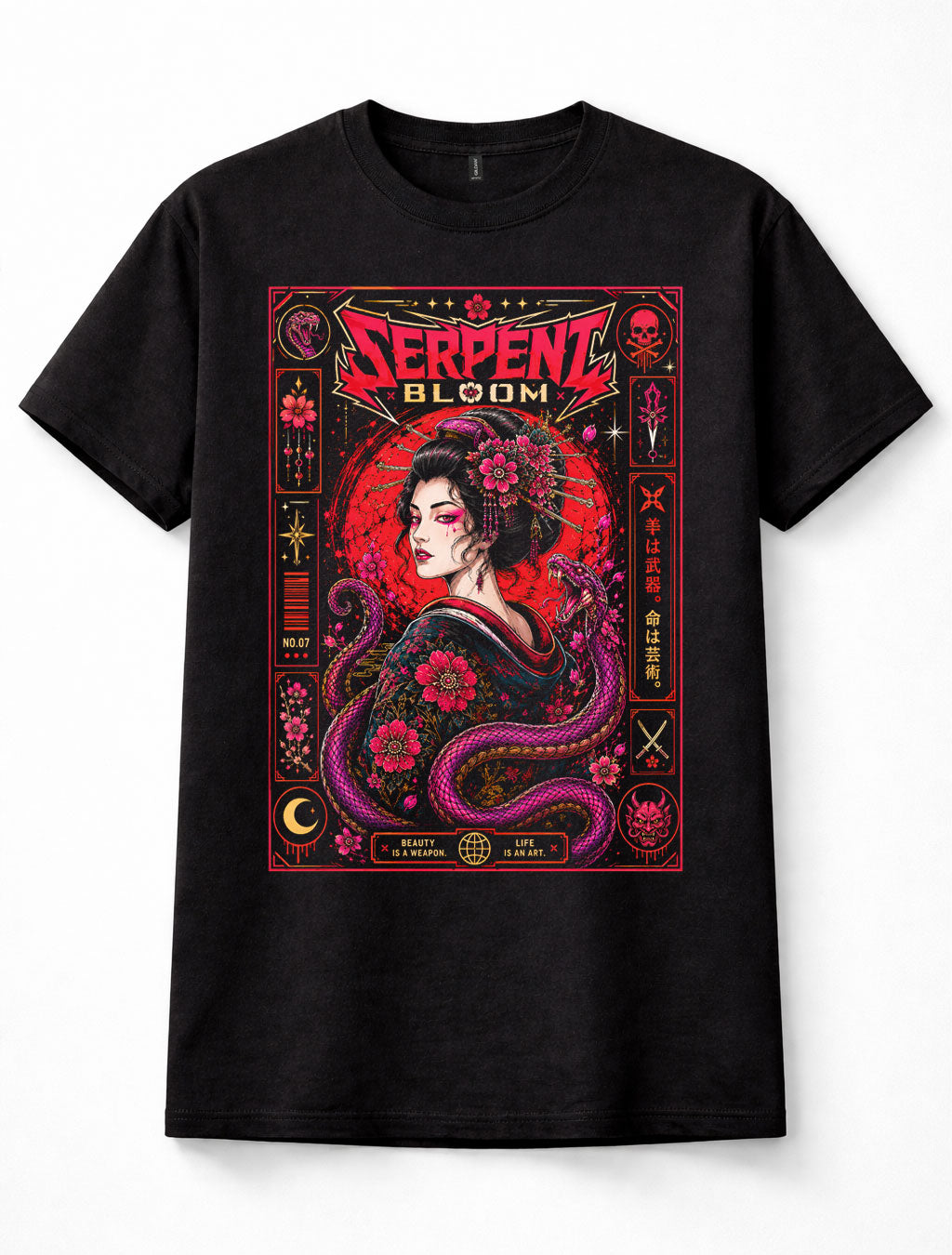 Serpent Bloom Geisha Snake Japanese Gothic Floral Anime Unisex T-Shirt