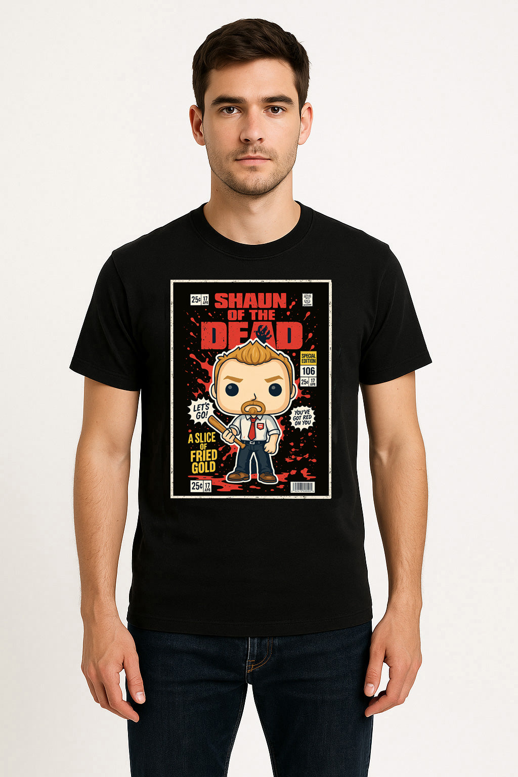 Shaun of the Dead “A Slice of Fried Gold” Comic Style T-Shirt – Classic Horror Comedy Tee
