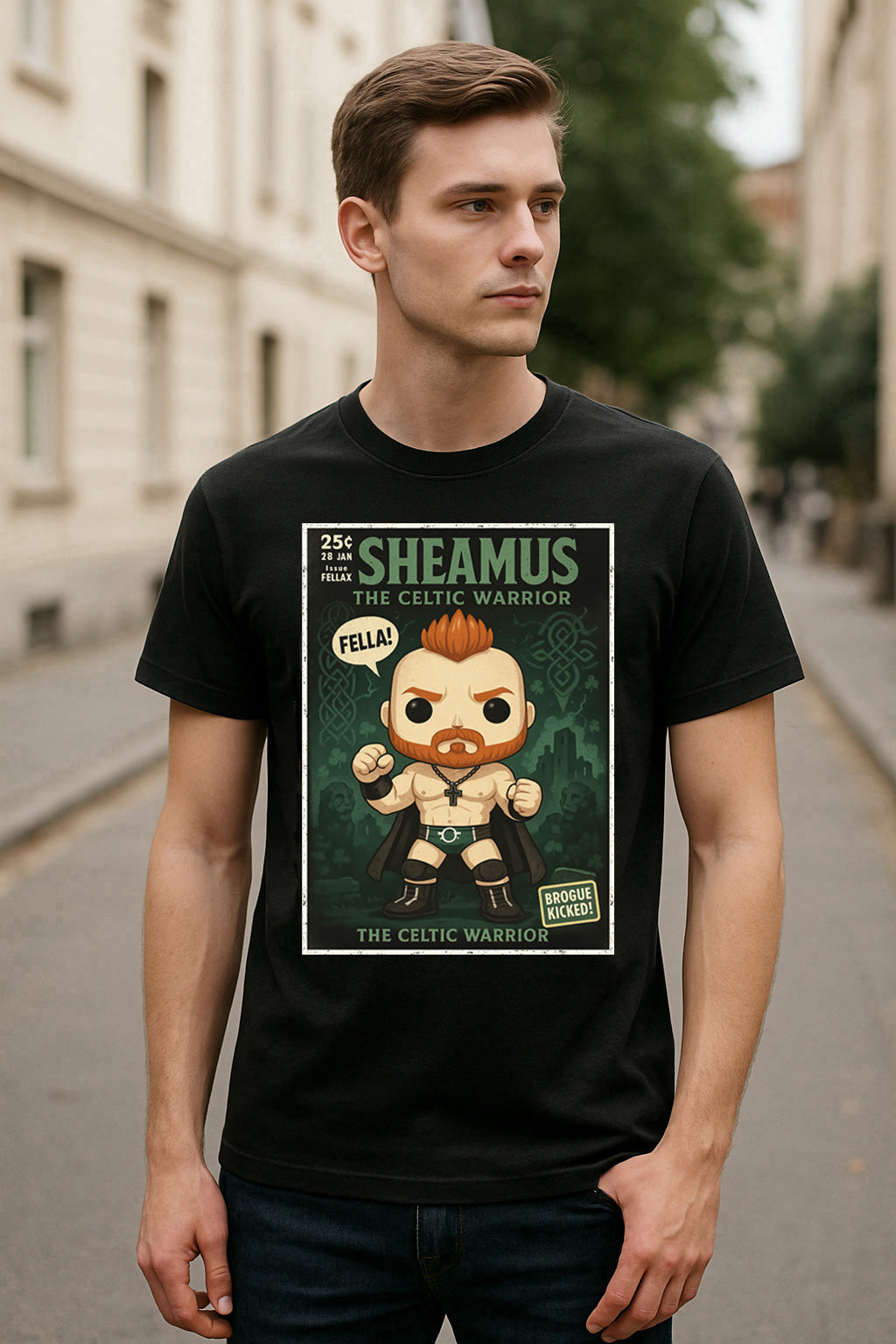 Sheamus “Celtic Warrior” Pop Comic Wrestling T-Shirt — Brogue Kick Edition