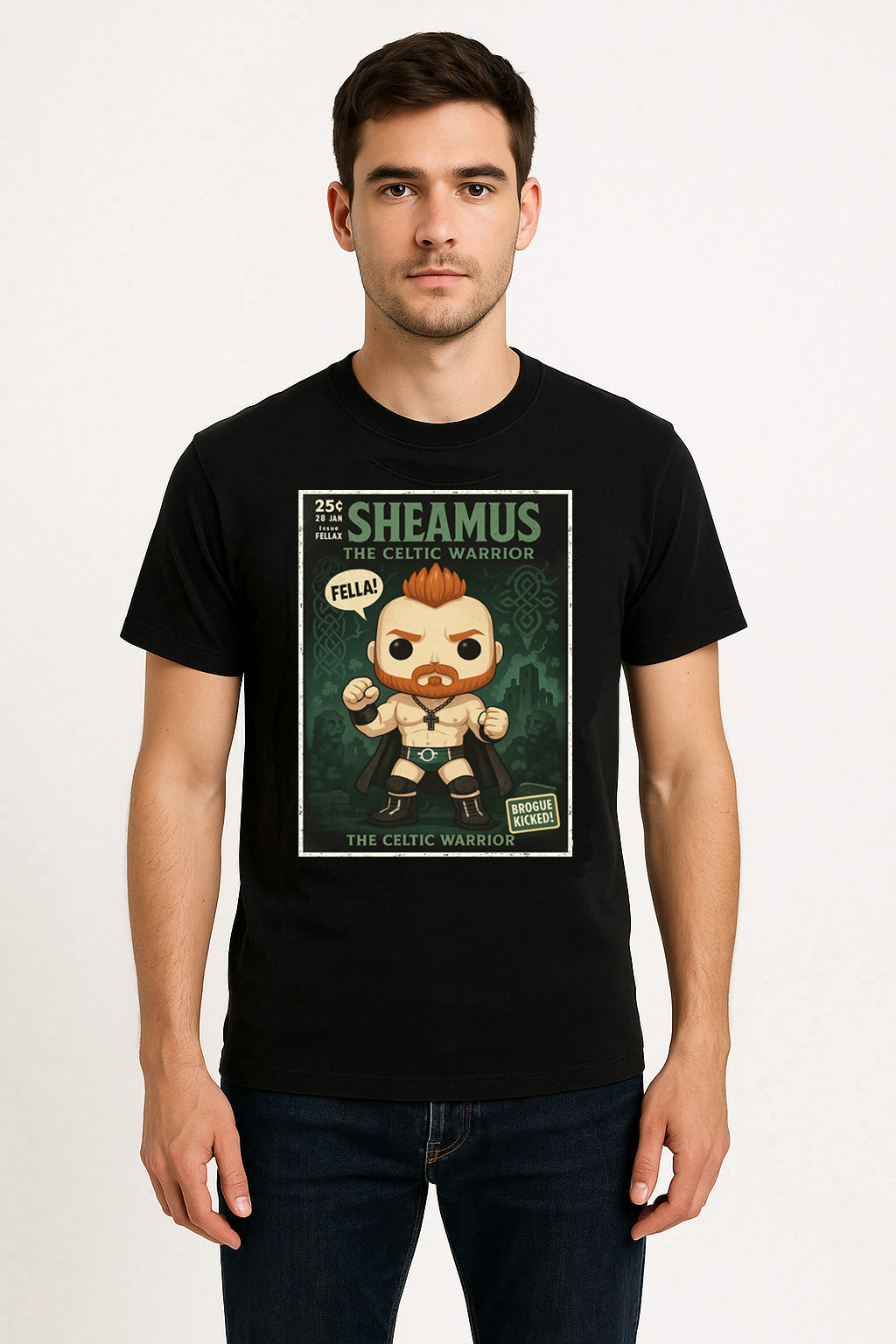 Sheamus “Celtic Warrior” Pop Comic Wrestling T-Shirt — Brogue Kick Edition