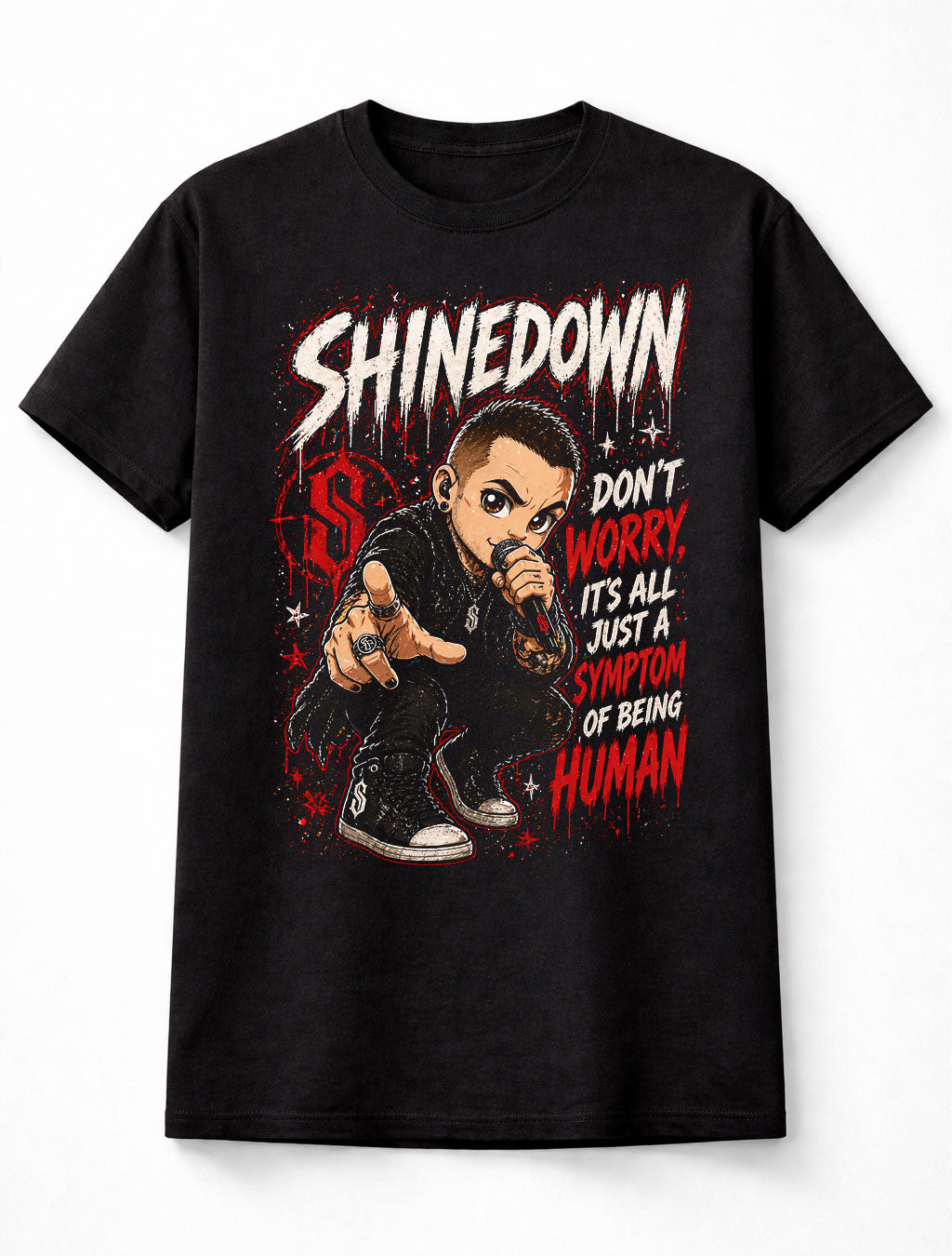 Shinedown Graphic T-Shirt Rock Band Tee Red Black Alternative Metal Shirt Don’t Worry It’s Just a Symptom of Being Human Quote Adults & Kids Unisex T-Shirt