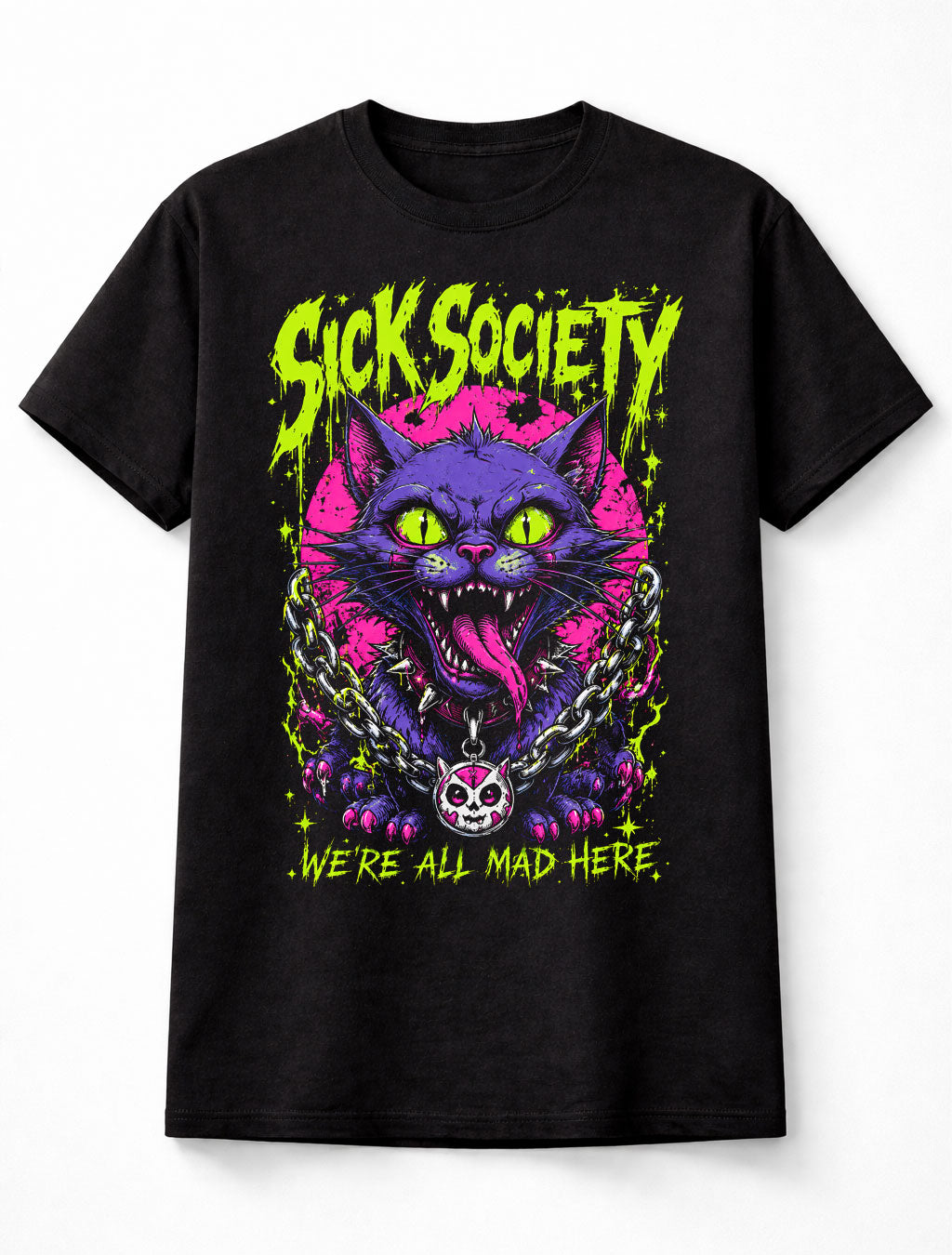 Sick Society Mad Cat Gothic Punk Neon Horror Graphic Unisex T-Shirt