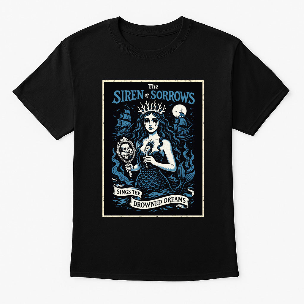 Siren of Sorrows unisex t-shirt featuring gothic mermaid holding skull mirror with ships and moon, blue oceanic design printed on black cotton tee