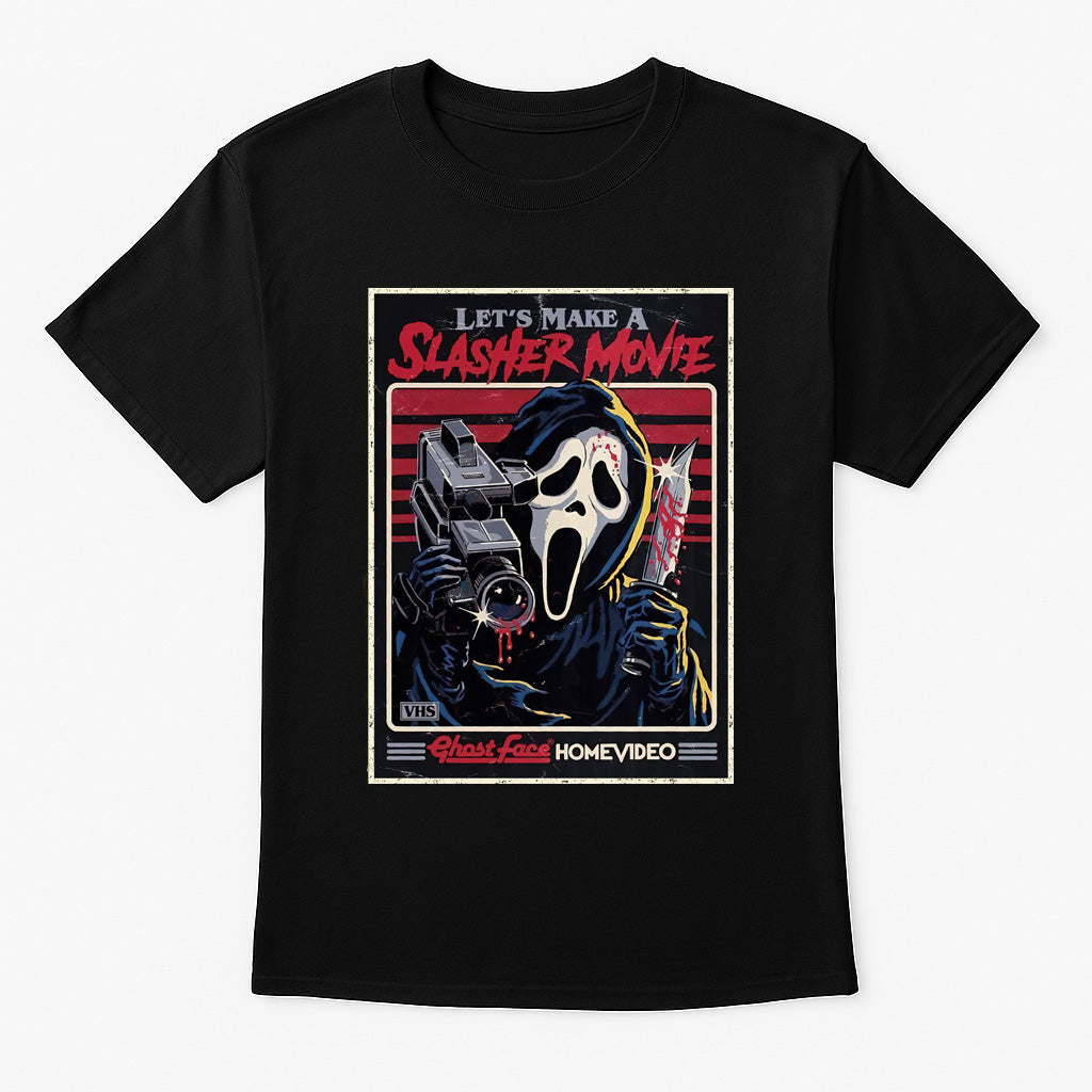 Scream Ghostface “Let’s Make a Slasher Movie” VHS Edition T-Shirt – Retro Horror Film Graphic Tee for Scream Fans