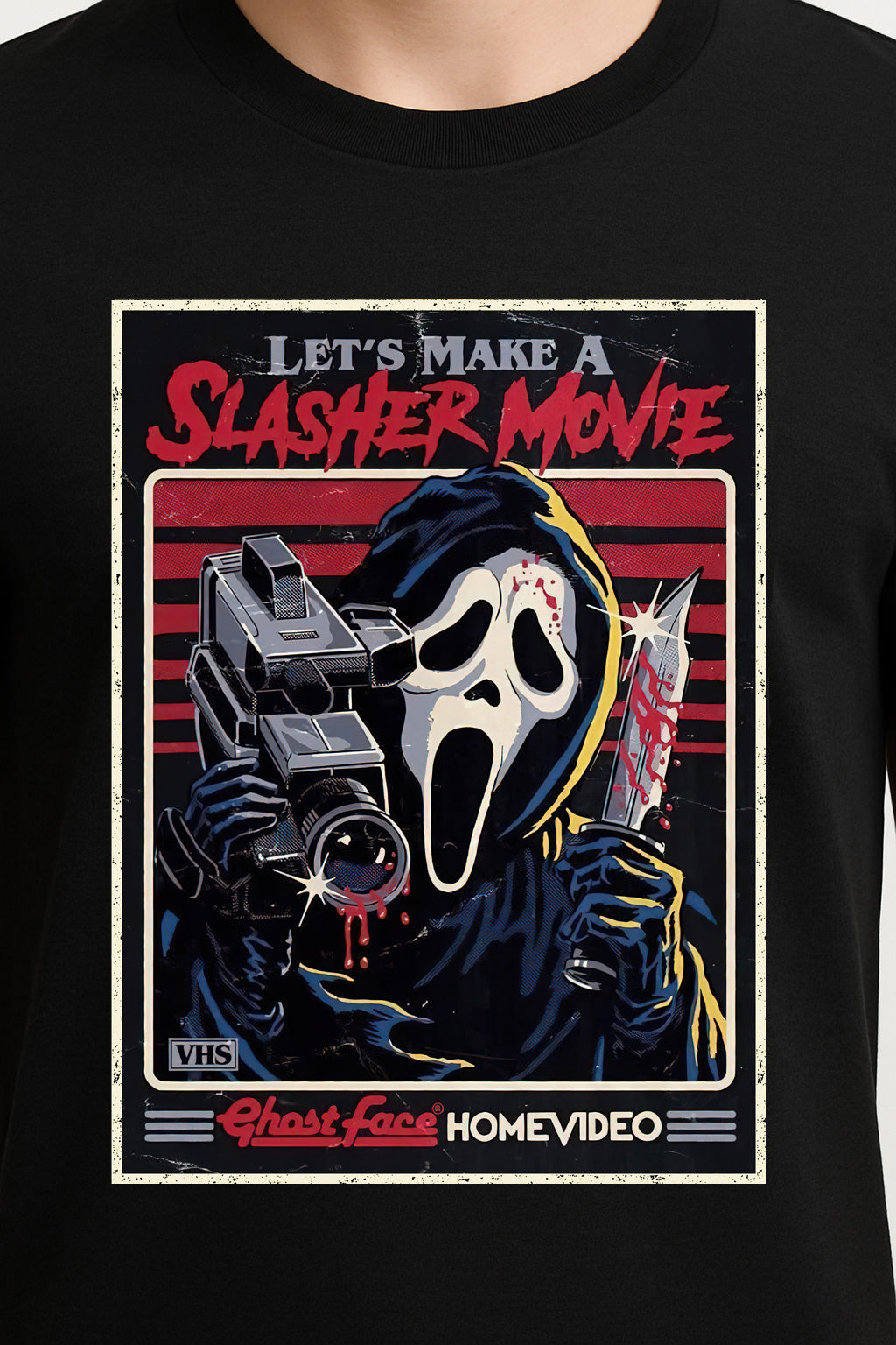 Scream Ghostface “Let’s Make a Slasher Movie” VHS Edition T-Shirt – Retro Horror Film Graphic Tee for Scream Fans