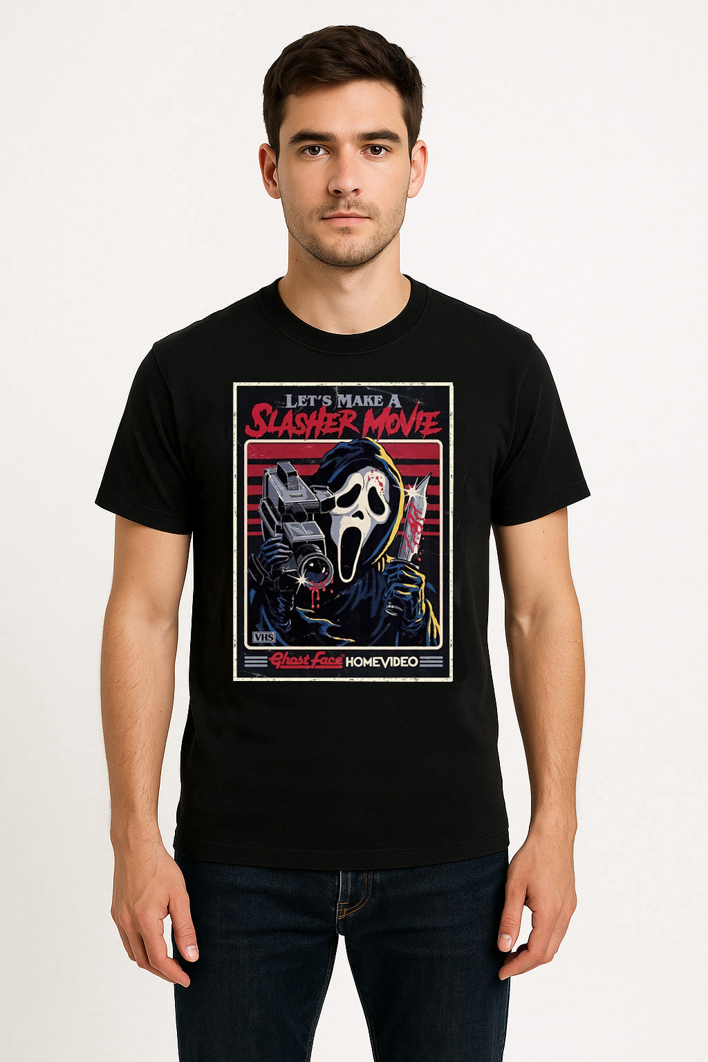 Scream Ghostface “Let’s Make a Slasher Movie” VHS Edition T-Shirt – Retro Horror Film Graphic Tee for Scream Fans