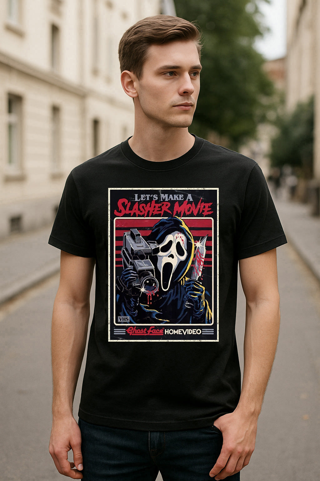 Scream Ghostface “Let’s Make a Slasher Movie” VHS Edition T-Shirt – Retro Horror Film Graphic Tee for Scream Fans