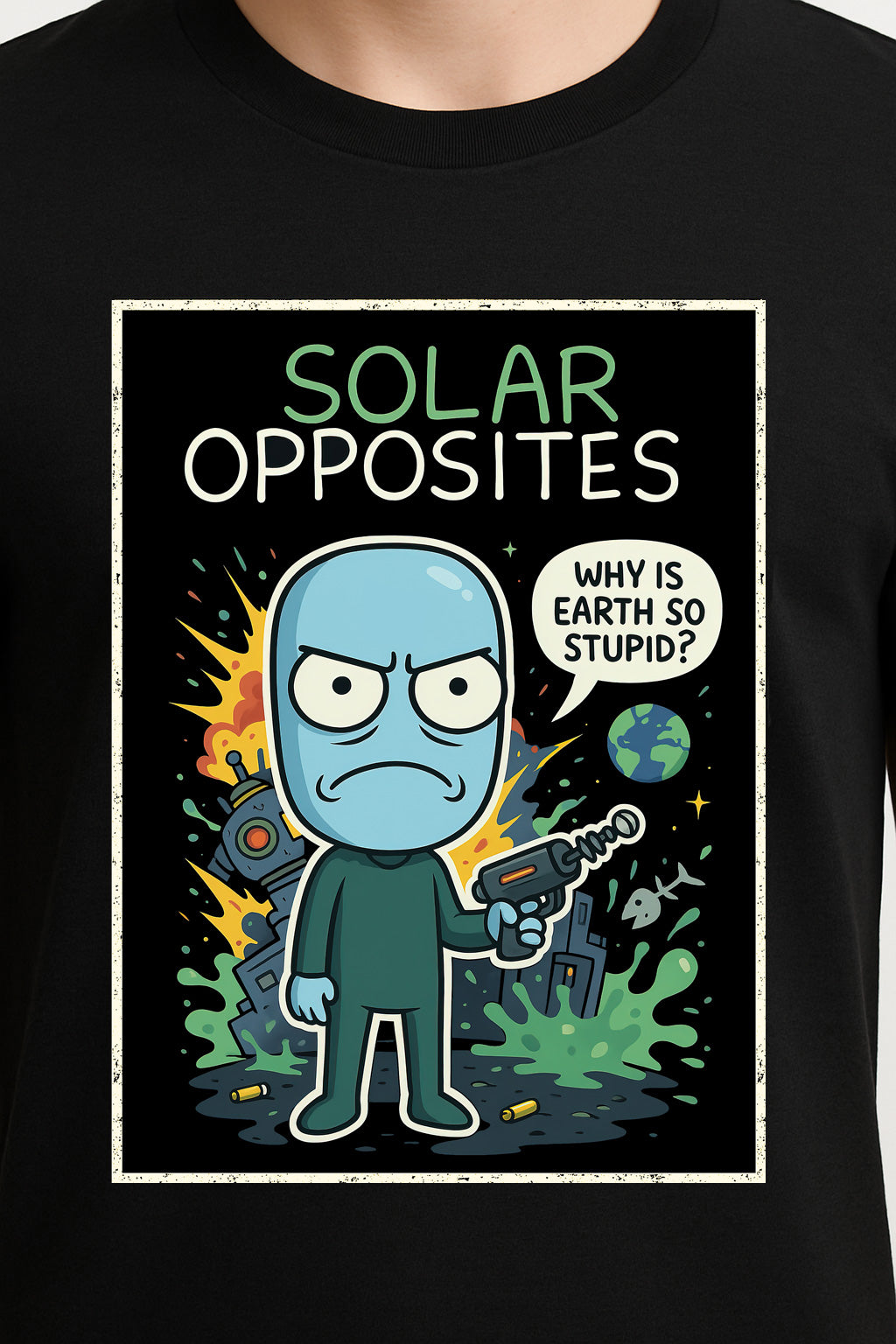 Solar Opposites Unisex Comic T-Shirt – “Why Is Earth So Stupid?” Alien Sci-Fi Graphic Tee
