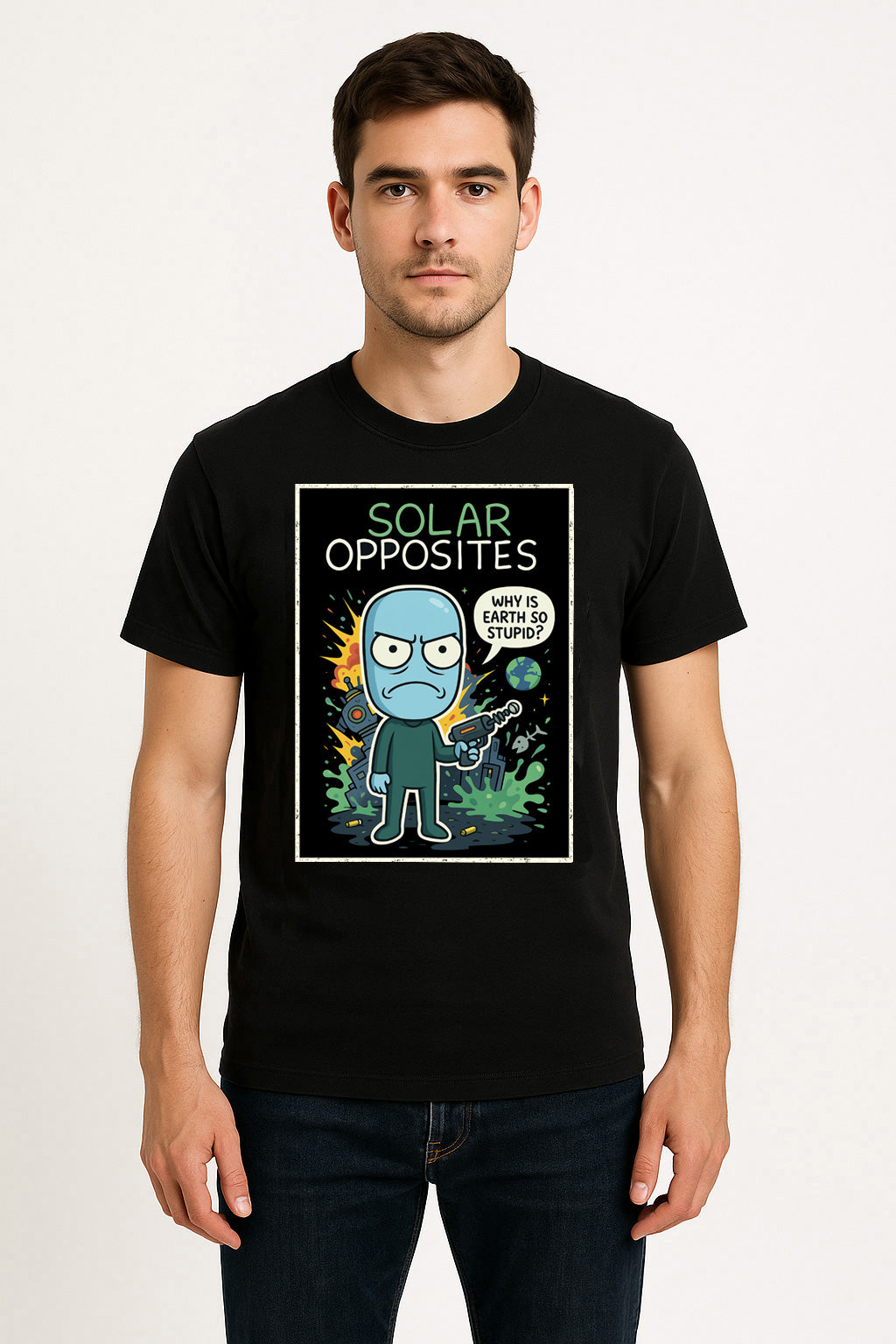 Solar Opposites Unisex Comic T-Shirt – “Why Is Earth So Stupid?” Alien Sci-Fi Graphic Tee