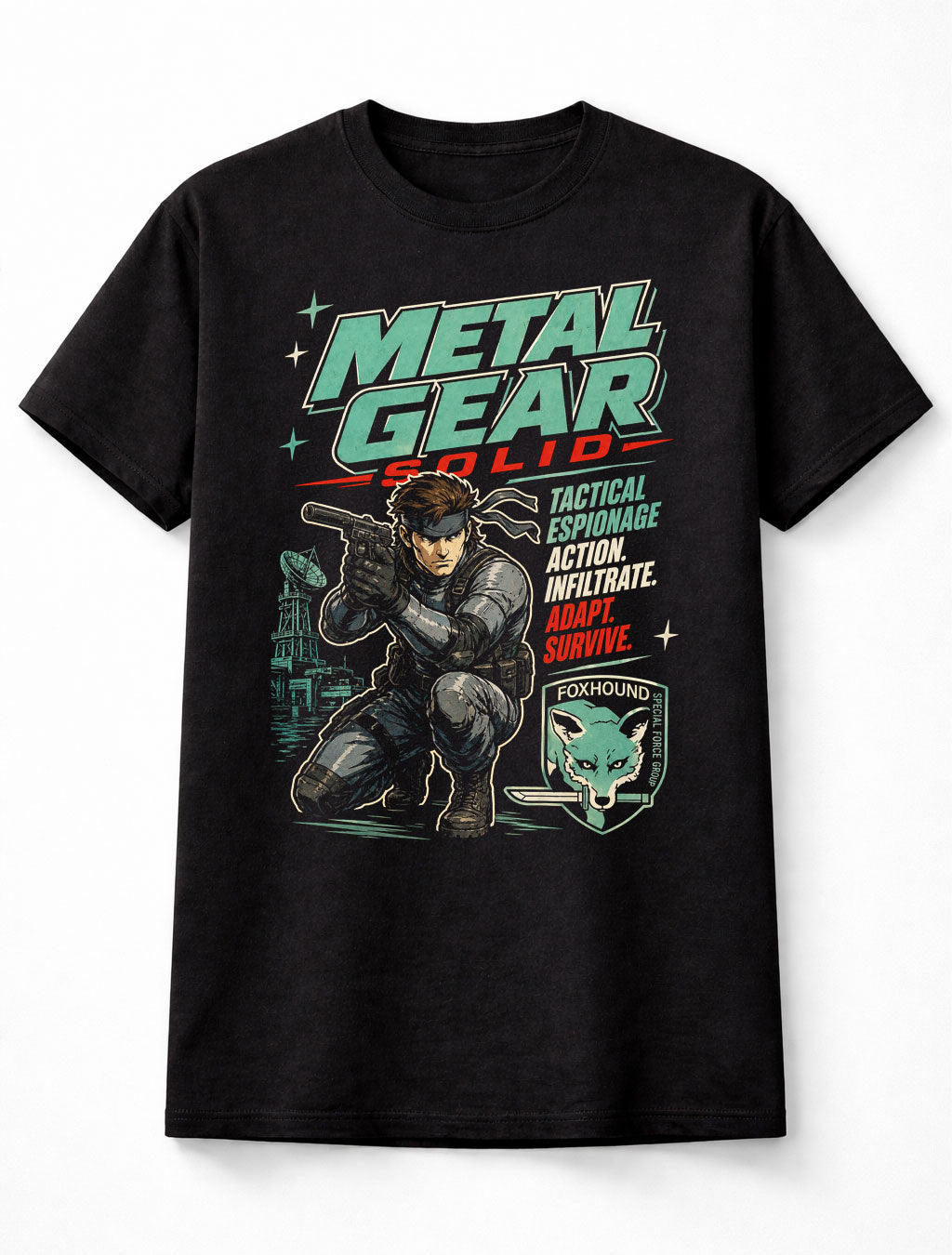 Metal Gear Solid T-Shirt Solid Snake Foxhound Stealth Action Graphic Tee Tactical Espionage Game Character Shirt PlayStation Classic Adults & Kids Unisex T-Shirt