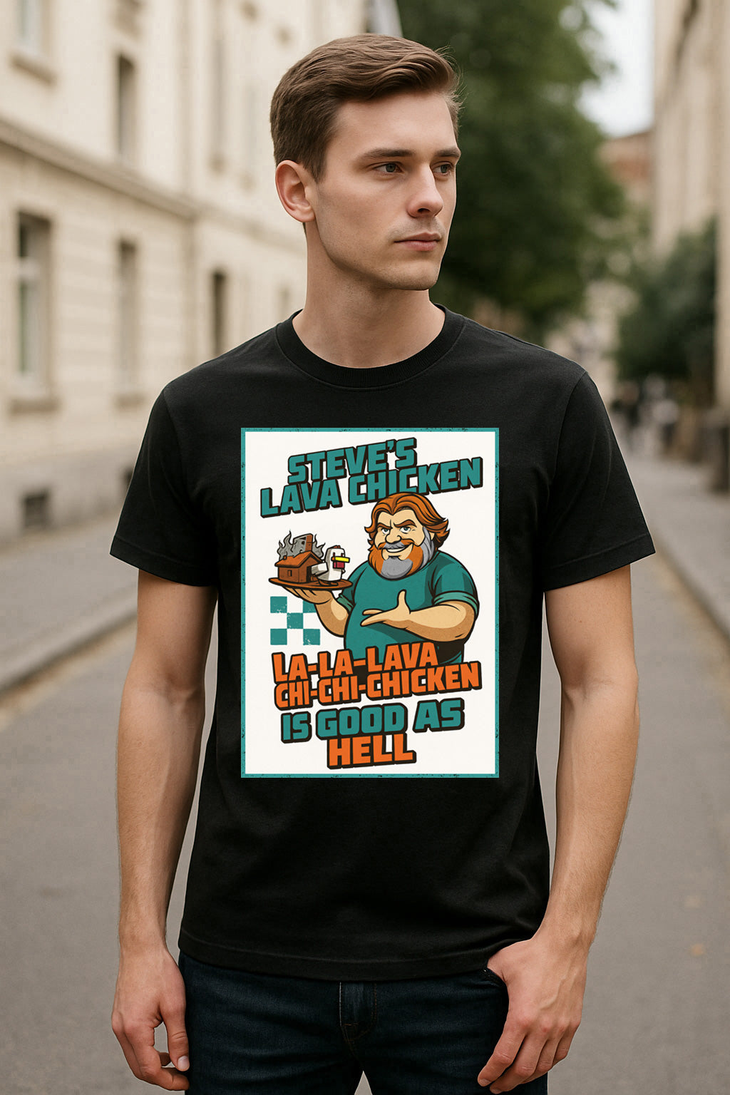 Steve’s Lava Chicken Unisex T-Shirt – Retro Chef “La-La-Lava Chi-Chi-Chicken” Graphic Tee