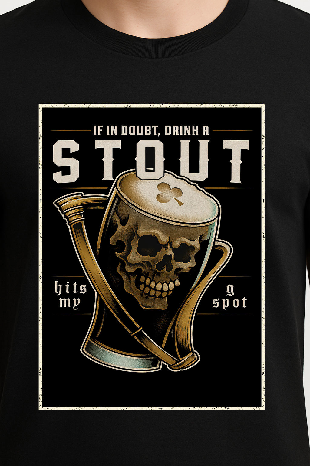 Stout Hits My Spot Unisex T-Shirt – Funny Dark Beer Lover Skull Pint Pub Graphic Tee