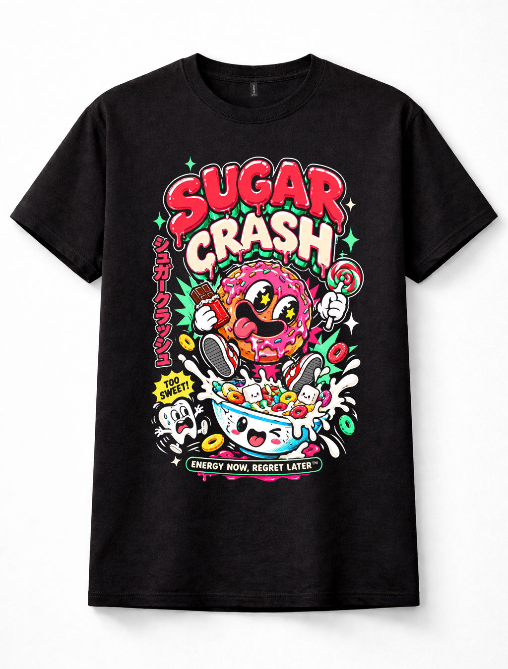 Sugar Crash Donut Candy Sweets Funny Food Cartoon Retro Pop Art Unisex T-Shirt