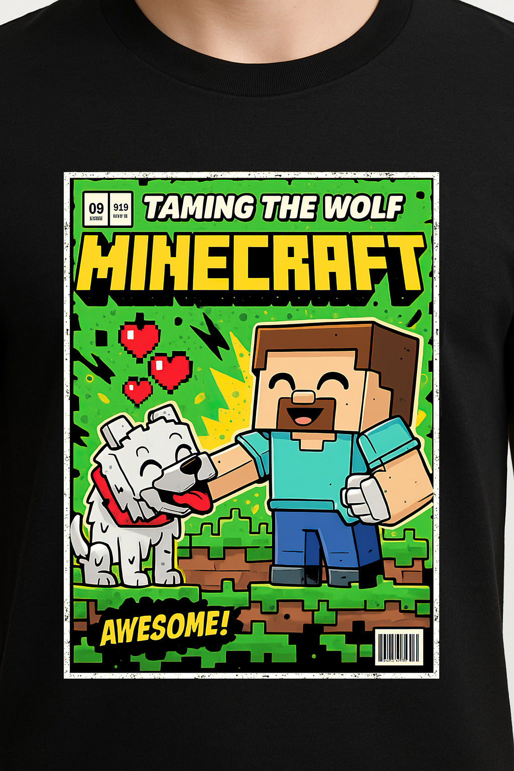 Steve “Taming the Wolf” Unisex T-Shirt – Retro Minecraft Steve & Wolf Graphic Tee
