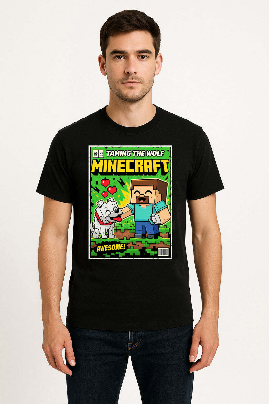 Steve “Taming the Wolf” Unisex T-Shirt – Retro Minecraft Steve & Wolf Graphic Tee