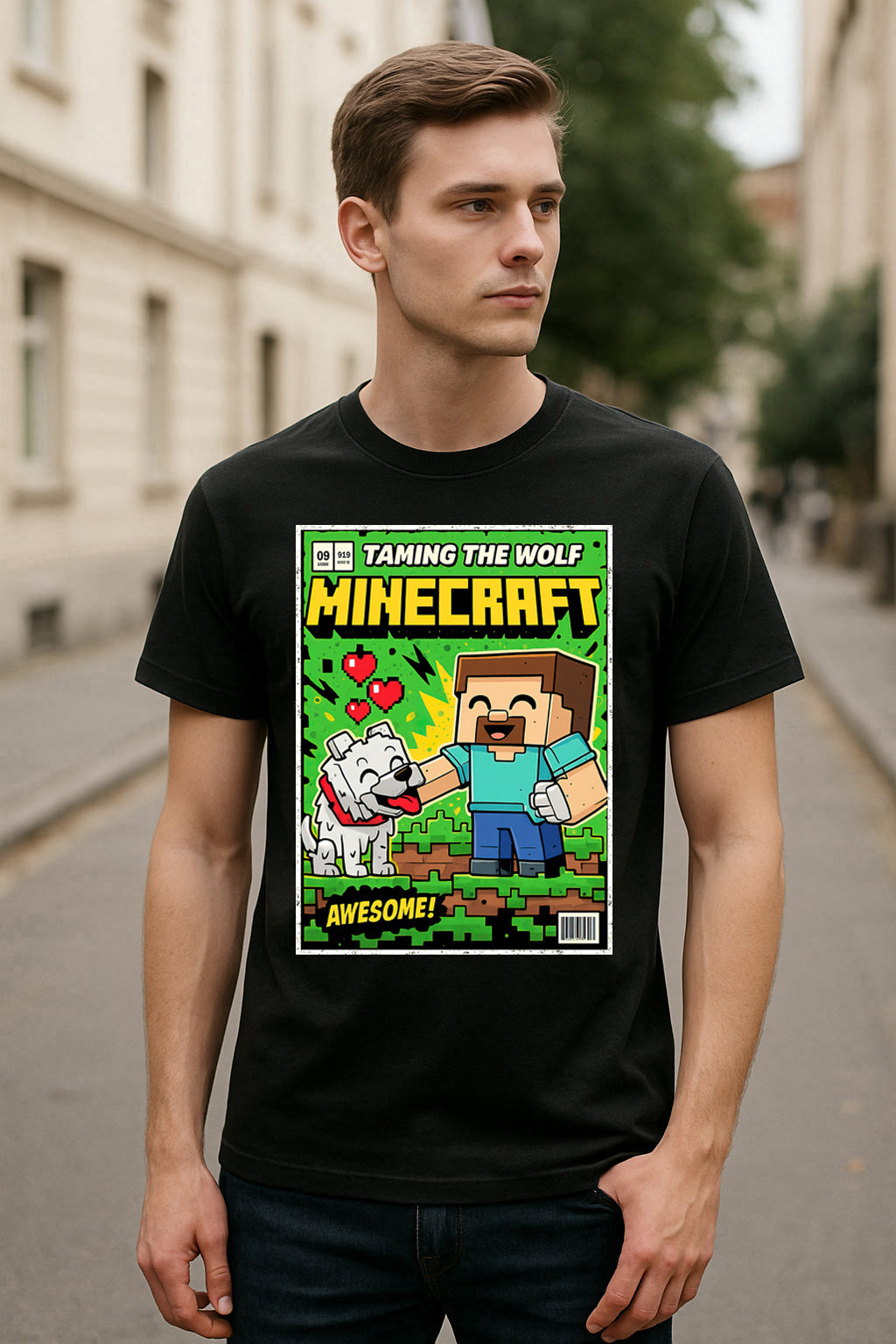 Steve “Taming the Wolf” Unisex T-Shirt – Retro Minecraft Steve & Wolf Graphic Tee