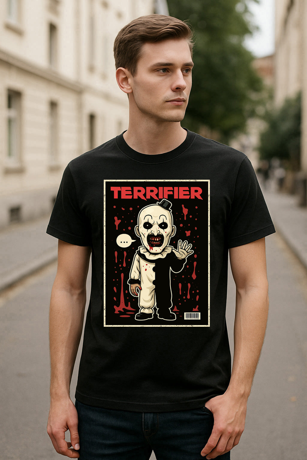 Art the Clown “Terrifier” Comic Style T-Shirt – Cult Horror Graphic Tee for Slasher Movie Fans