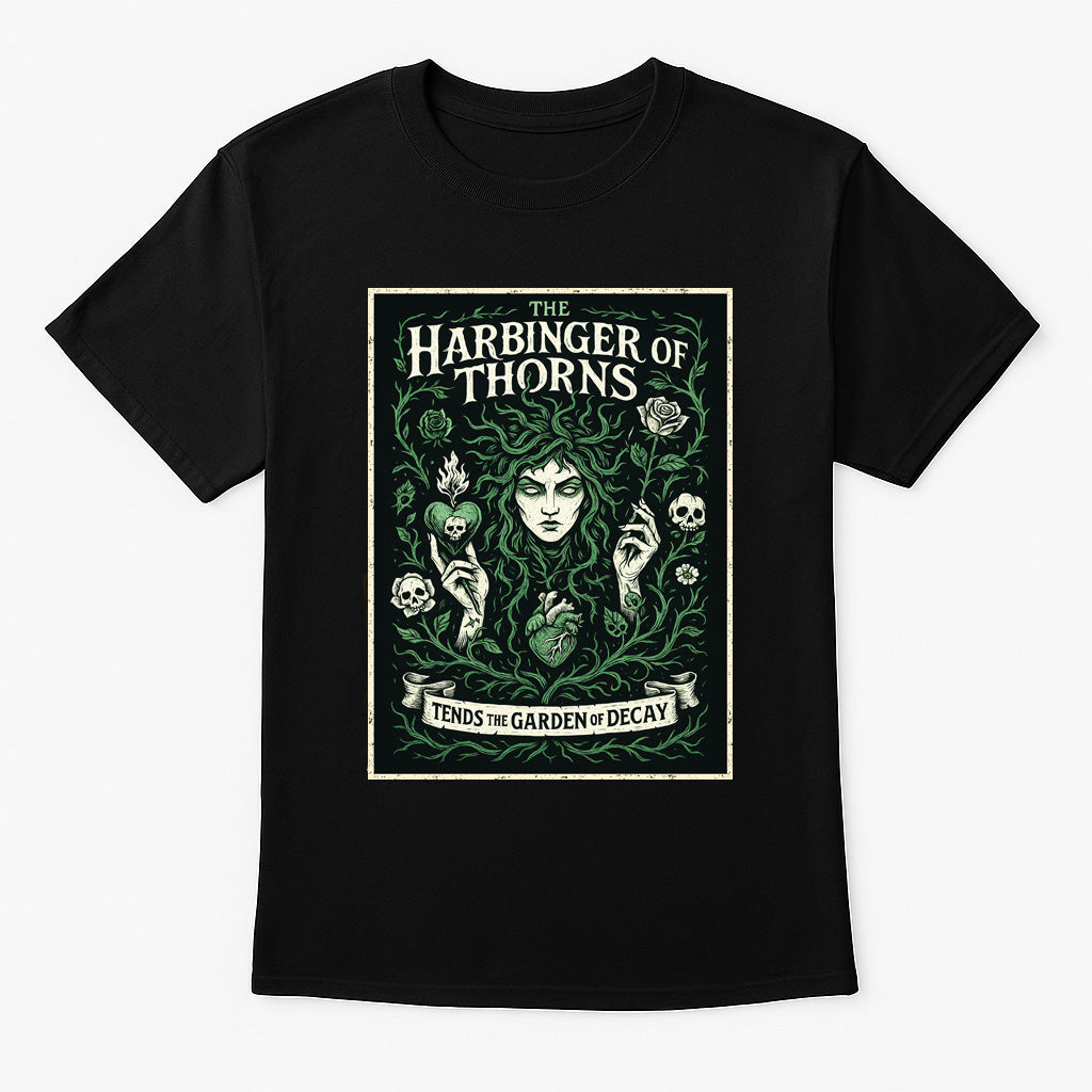 Harbinger of Thorns unisex t-shirt featuring gothic woman entwined with vines, roses, and skulls, dark green design printed on black cotton tee