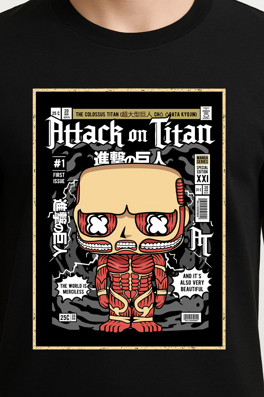 Colossal Titan Unisex Comic T-Shirt – “The World Is Merciless” Anime Titan Tee