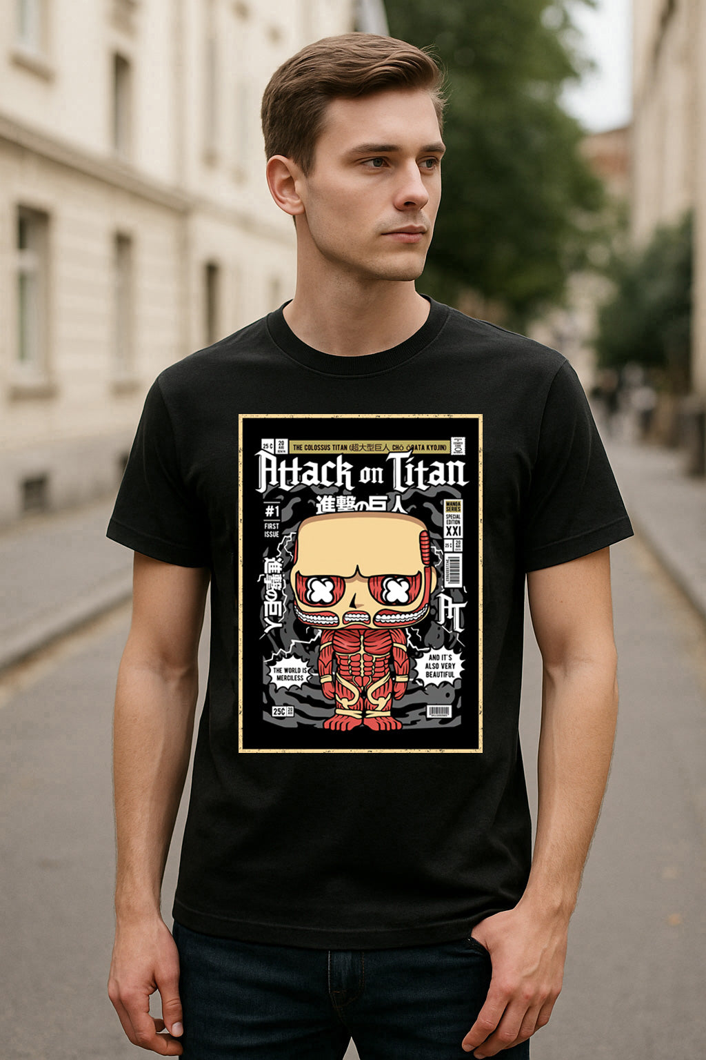 Colossal Titan Unisex Comic T-Shirt – “The World Is Merciless” Anime Titan Tee