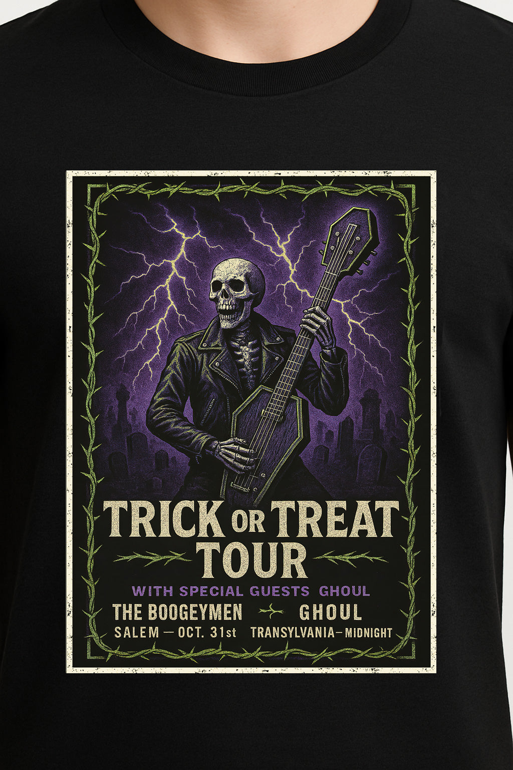 Trick or Treat Tour Unisex T-Shirt – Halloween Rock Show Skeleton Spooky Festival Tee