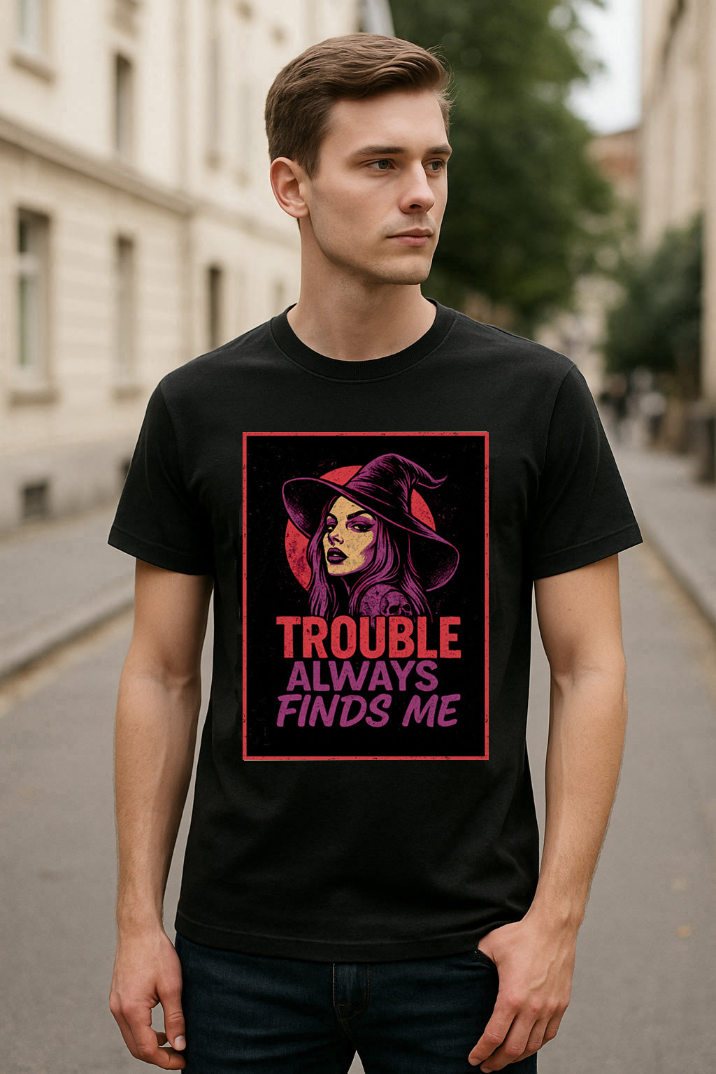 Trouble Always Finds Me Unisex T-Shirt – Witchy Rebel Mystic Sorceress Aesthetic Graphic Tee