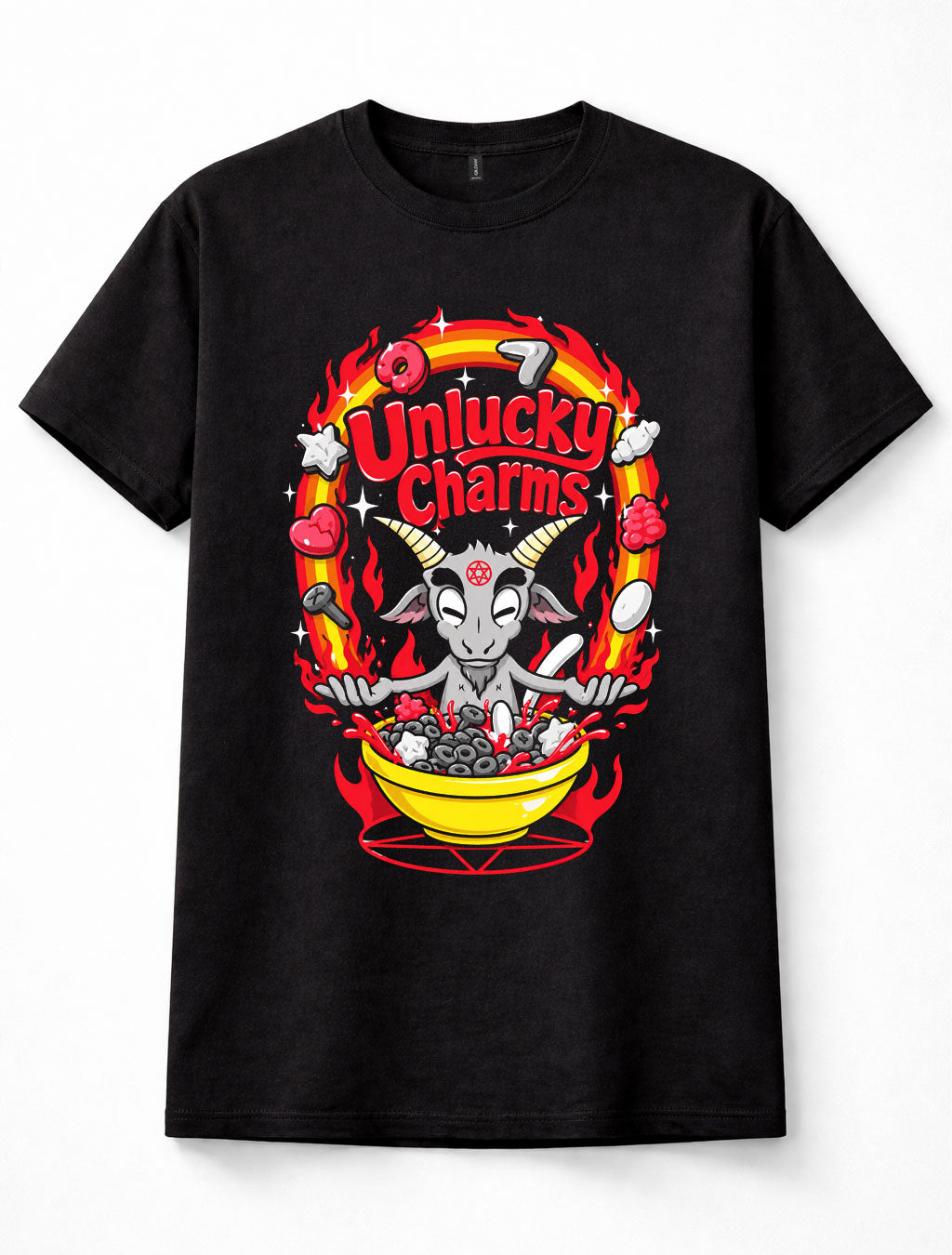 Unlucky Charms Goat Occult Cereal Dark Humour Parody Retro Unisex T-Shirt