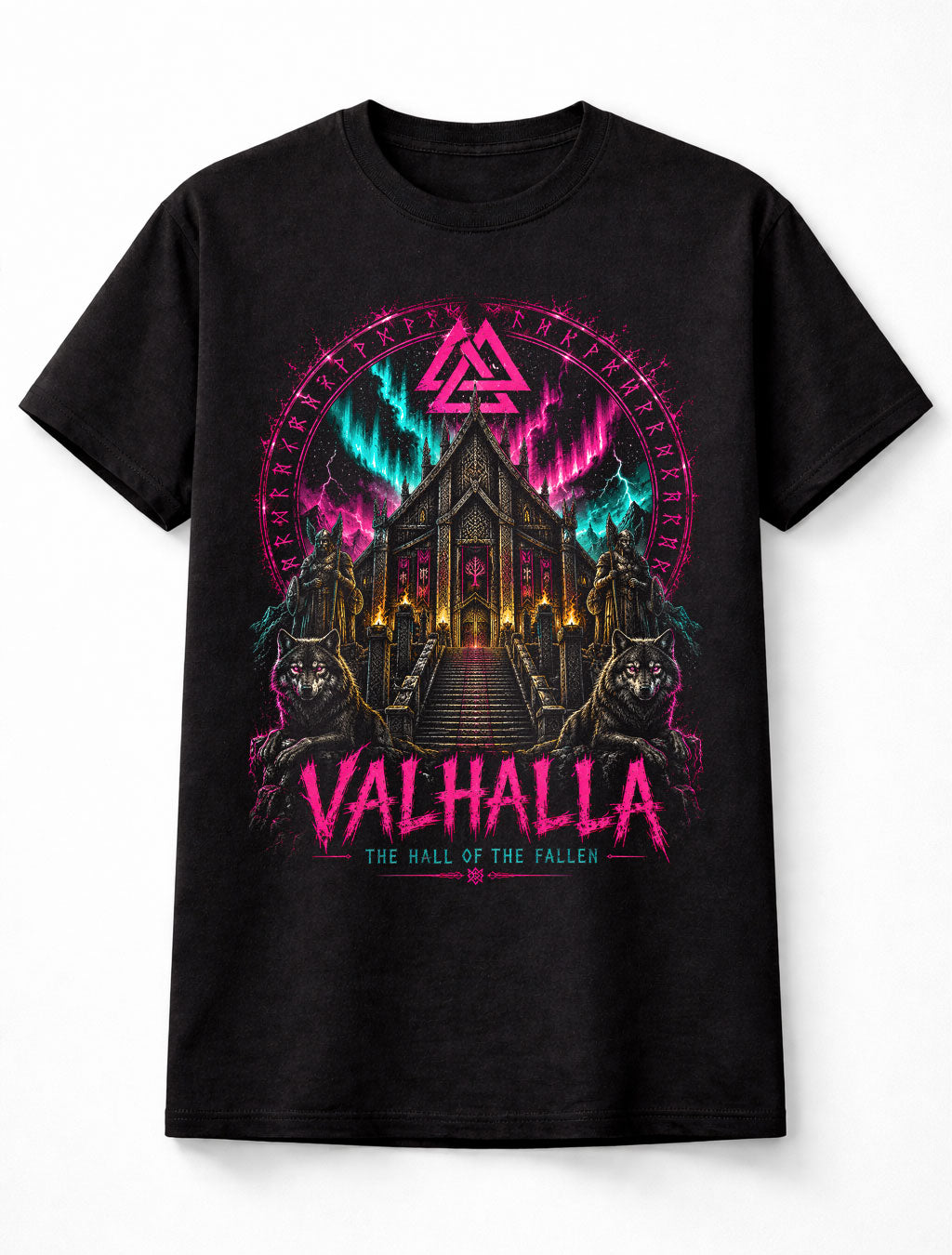 Valhalla Viking Hall Norse Mythology Wolves Ragnarok Unisex T-Shirt