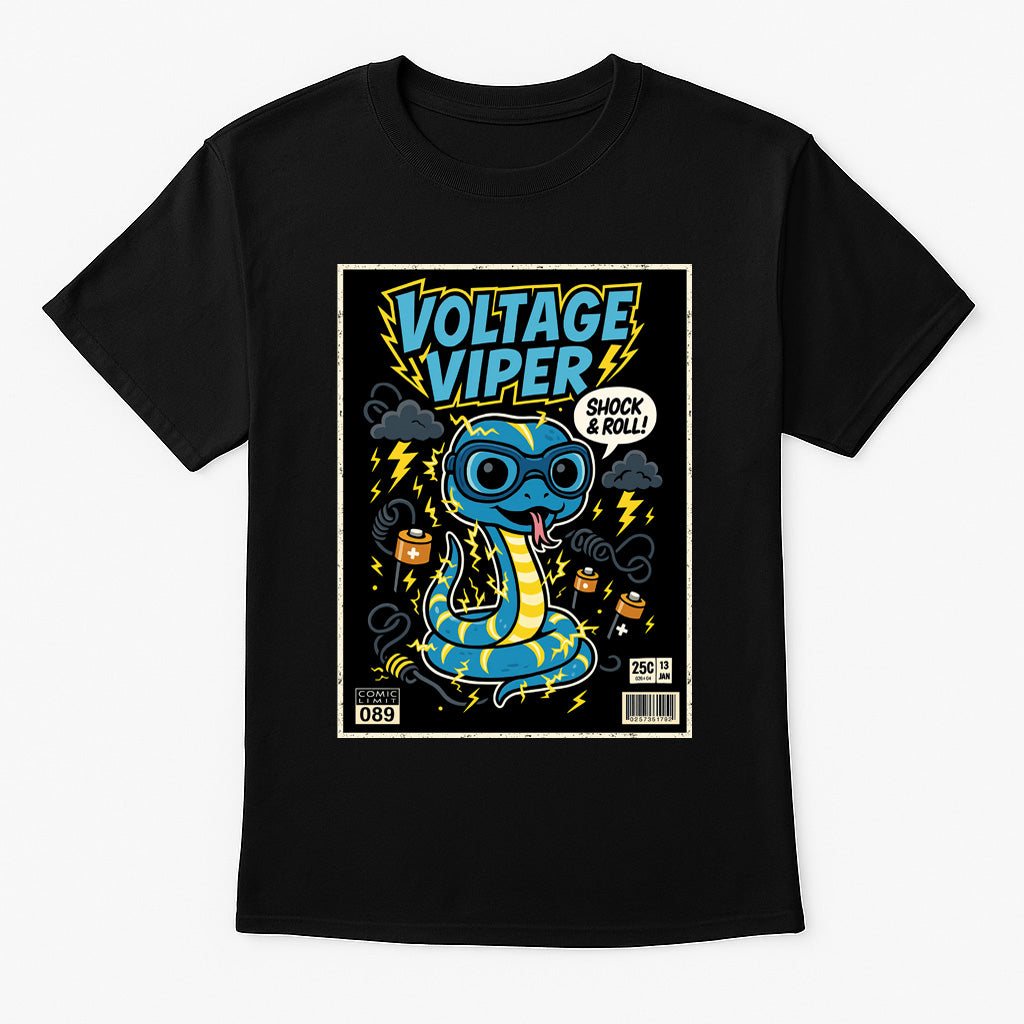 Voltage Viper Unisex T-Shirt Electric Funny "Shock and Roll" Comic Snake Tee