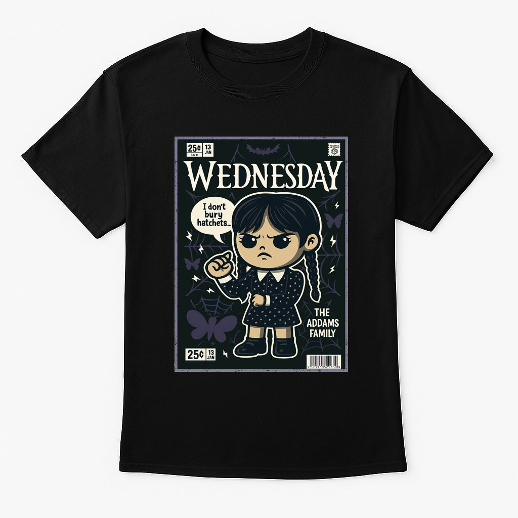 Wednesday Addams “I Don’t Bury Hatchets” T-Shirt – Gothic Retro Comic Style Tee for Addams Family Fans