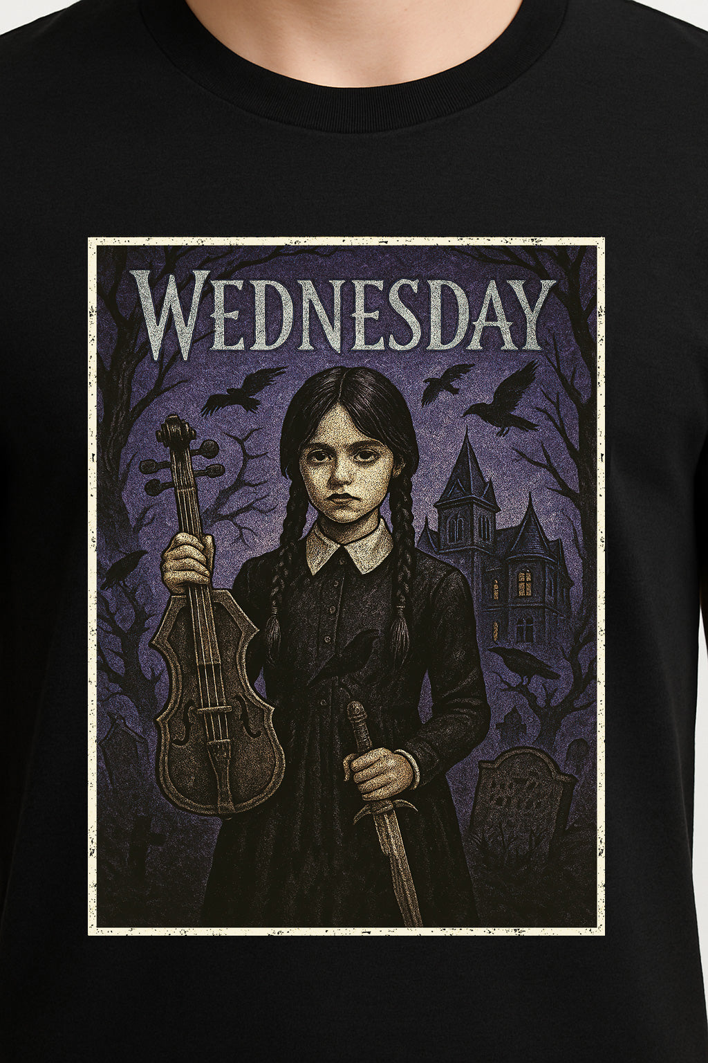 Wednesday Addams Gothic Violin T-Shirt – Dark Academia Inspired Addams Family Graphic Tee