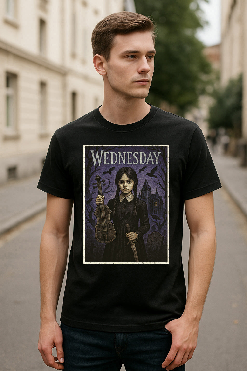 Wednesday Addams Gothic Violin T-Shirt – Dark Academia Inspired Addams Family Graphic Tee