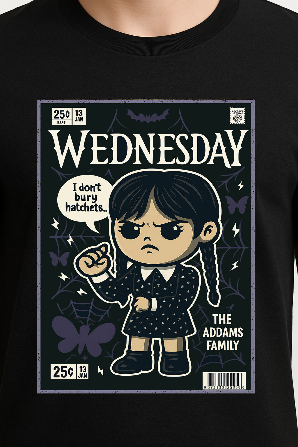 Wednesday Addams “I Don’t Bury Hatchets” T-Shirt – Gothic Retro Comic Style Tee for Addams Family Fans