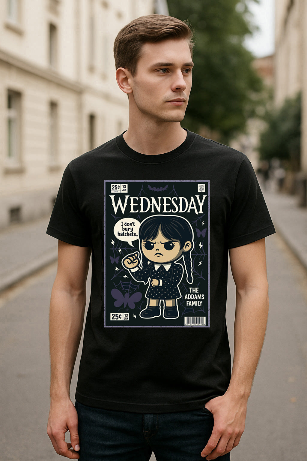 Wednesday Addams “I Don’t Bury Hatchets” T-Shirt – Gothic Retro Comic Style Tee for Addams Family Fans