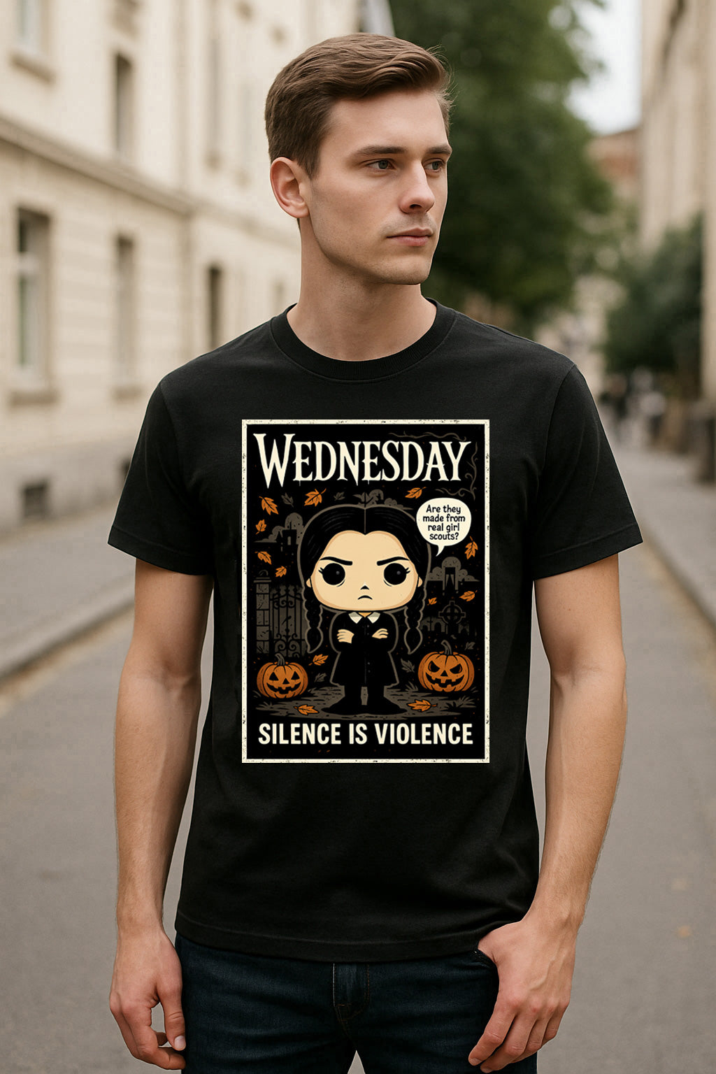 Wednesday Addams “Silence Is Violence” Graphic Gothic Halloween T-Shirt for Addams Family Fans