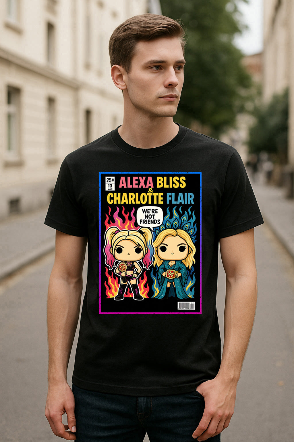 Alexa Bliss & Charlotte Flair “We’re Not Friends” Pop Comic Wrestling Unisex T-Shirt Fire & Flair Edition