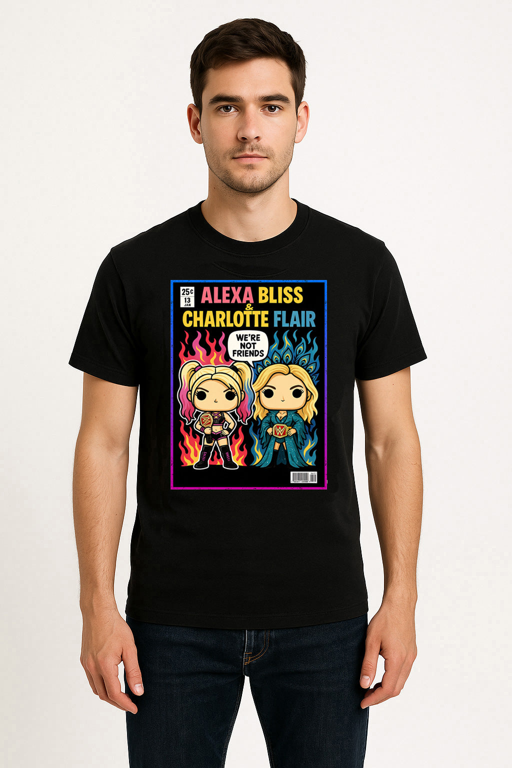 Alexa Bliss & Charlotte Flair “We’re Not Friends” Pop Comic Wrestling Unisex T-Shirt Fire & Flair Edition