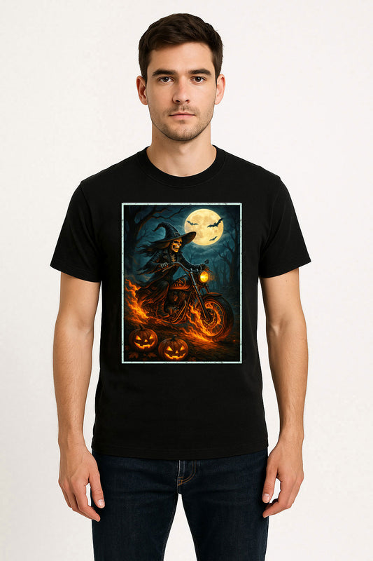 Witch Biker Skeleton Halloween Gothic Horror Alternative Unisex T-Shirt