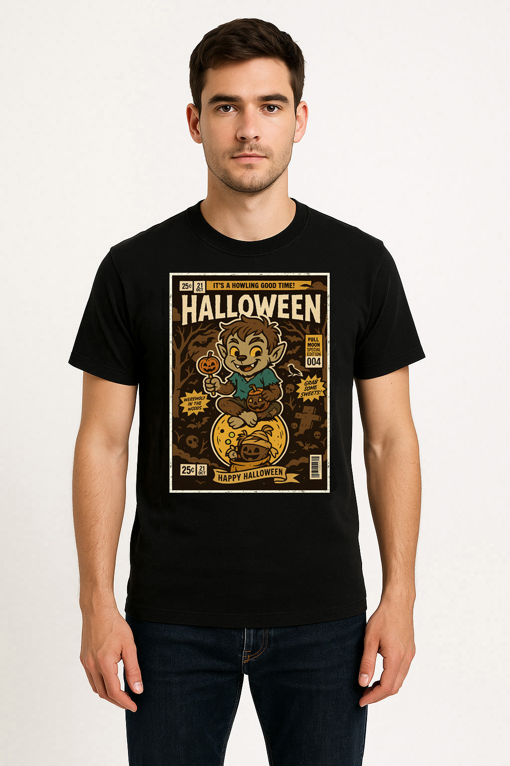 Werewolf in the Woods Unisex T-Shirt Retro Halloween Comic Tee