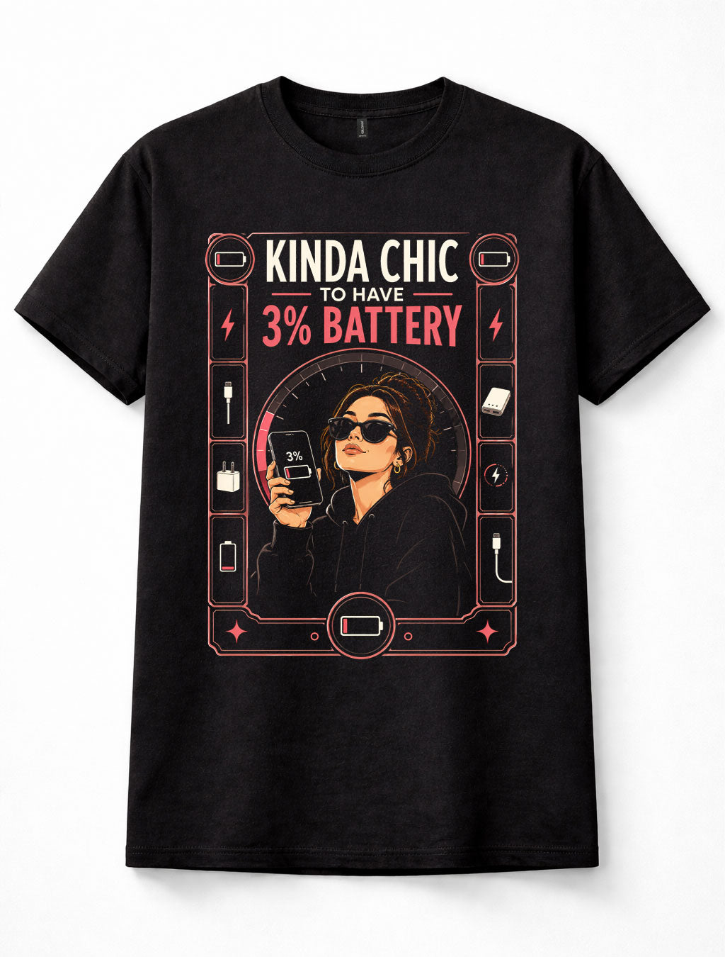 KINDA CHIC 3% Battery Low Power Phone Funny Graphic Unisex T-Shirt