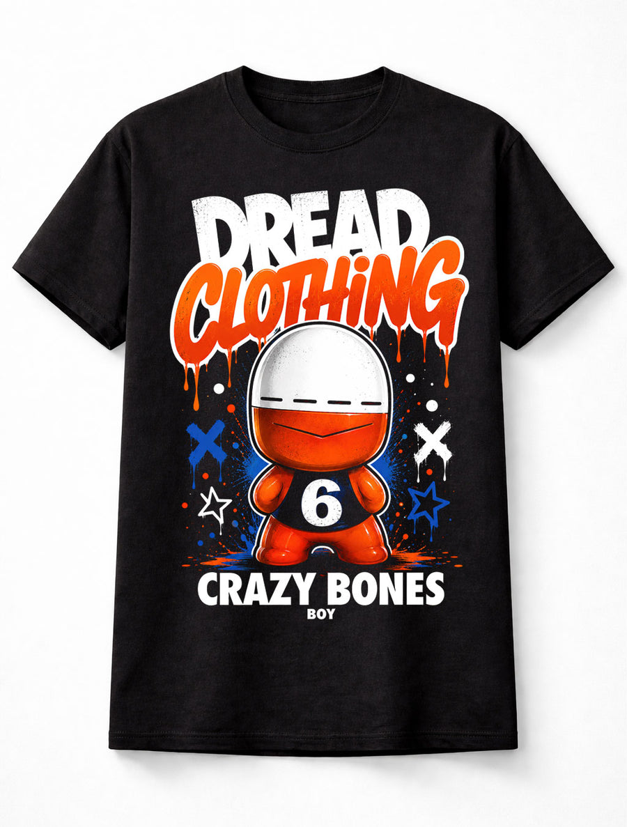 Crazy Bones Boy Number 6 Graphic Cartoon Mascot Retro Black Unisex T-Shirt