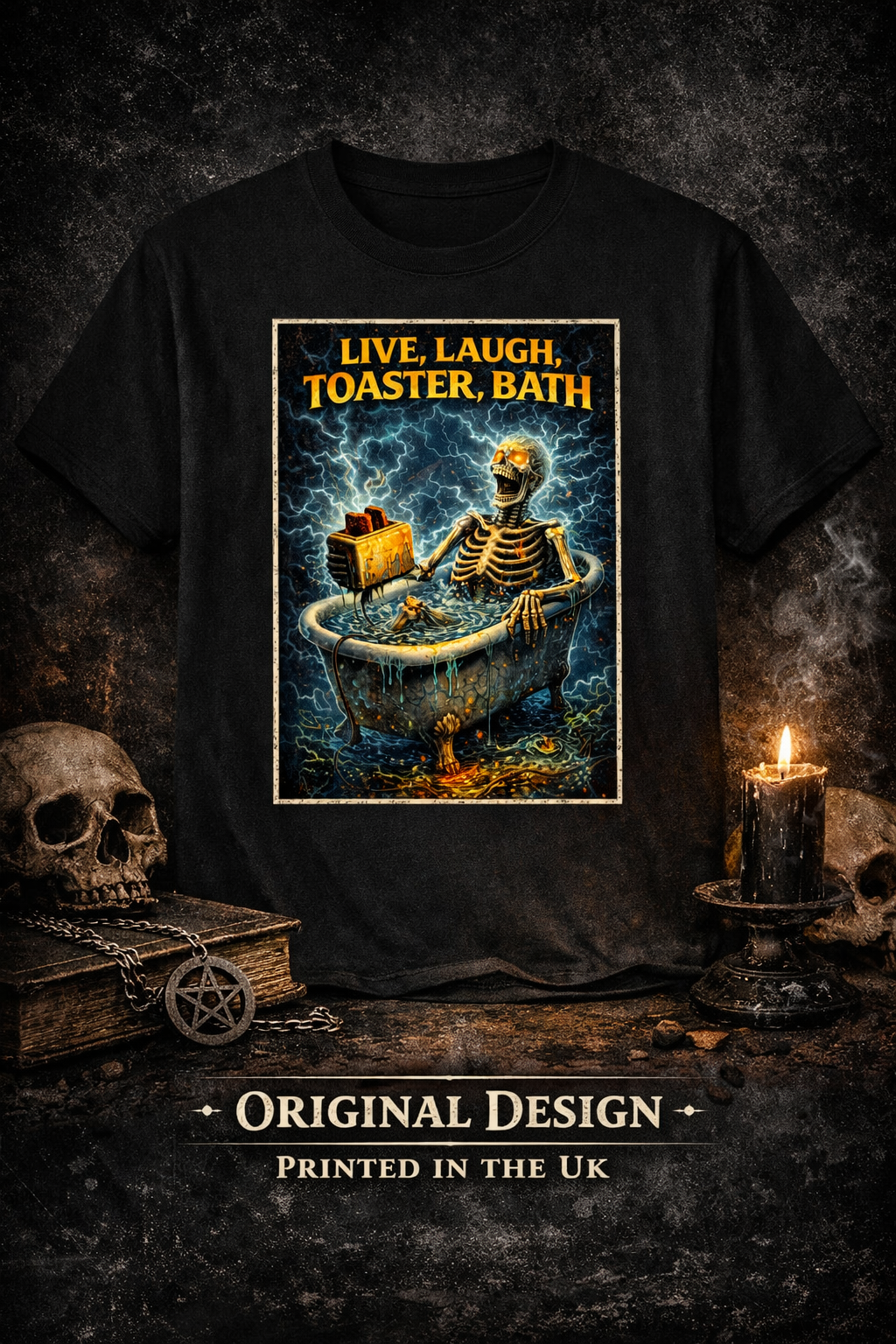 Live Laugh Toaster Bath T Shirt Unisex Gothic Dark Humour Skeleton Tee