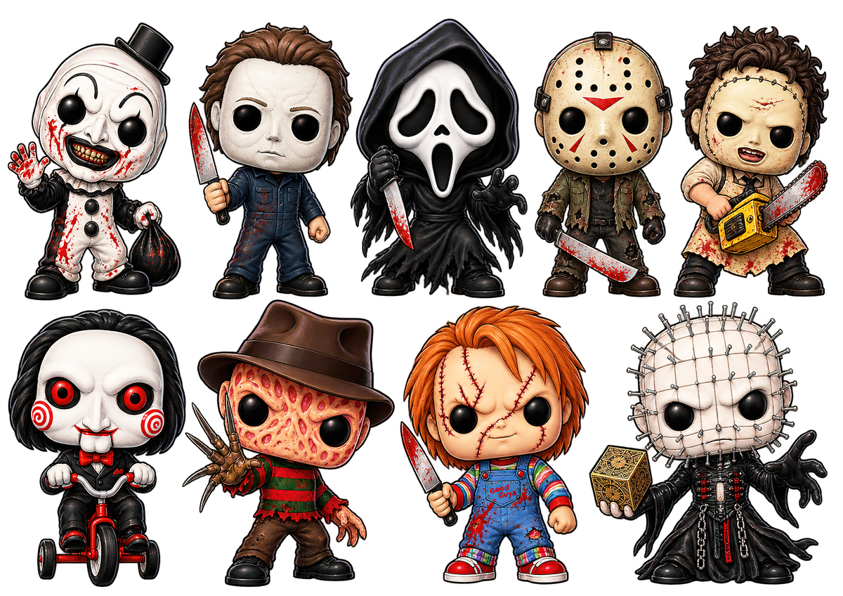 Horror Movie UV Film 9 Sticker Sheet - Art Myers Ghostface Jason Pinhead Chucky