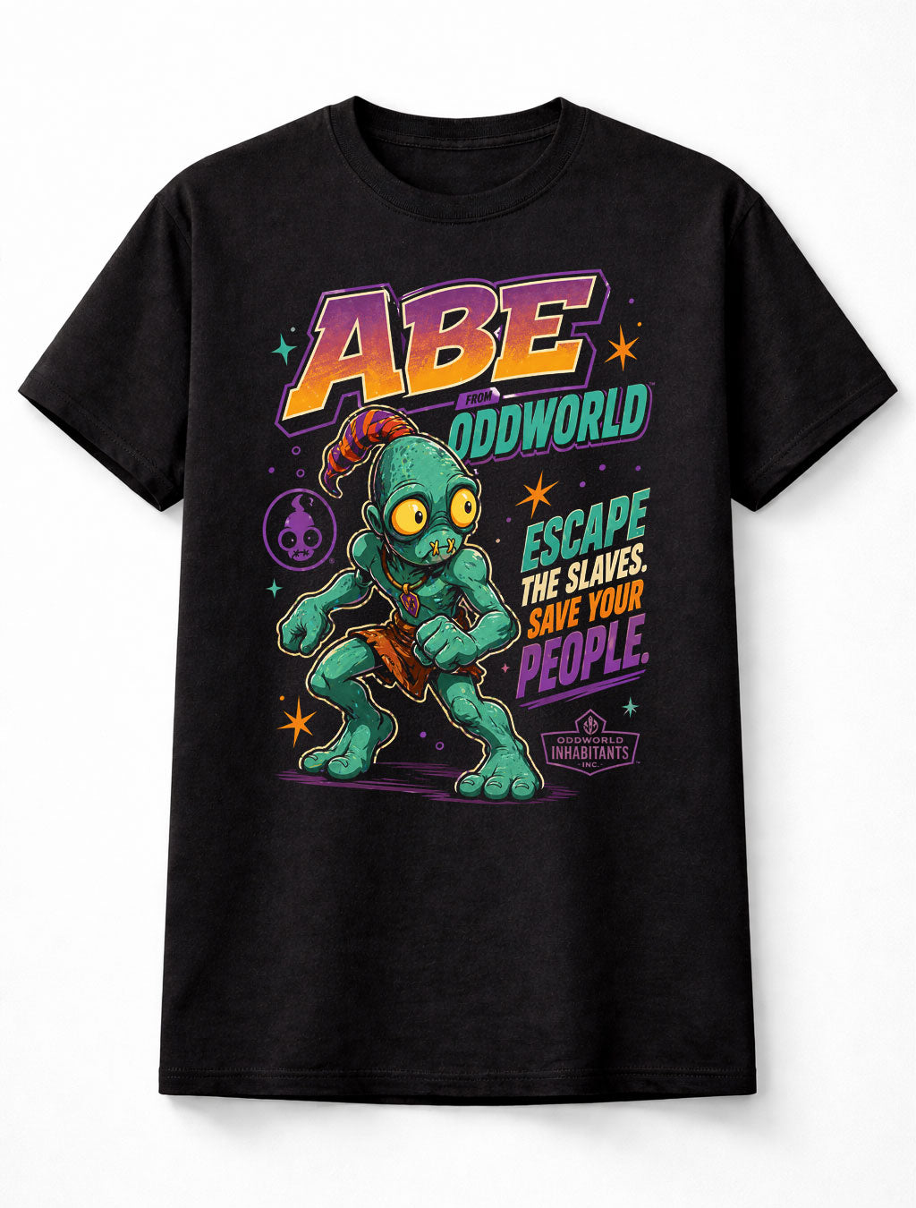 Abe Oddworld T-Shirt Escape The Slaves Save Your People Graphic Tee Retro Gaming Classic Video Game Character Shirt Gamer Adults & Kids Unisex T-Shirt